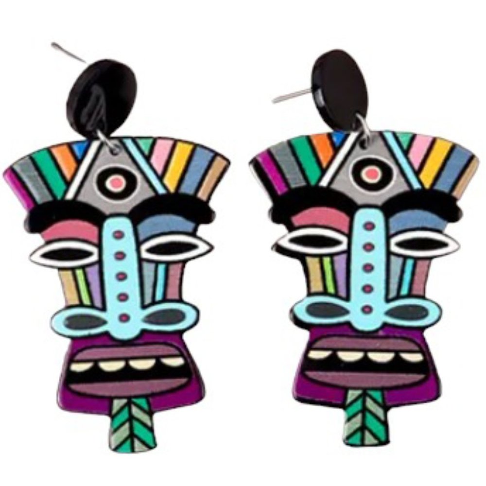 Large Big Colourful Hawaiian Tiki Mask Statement Earrings Multi Coloured